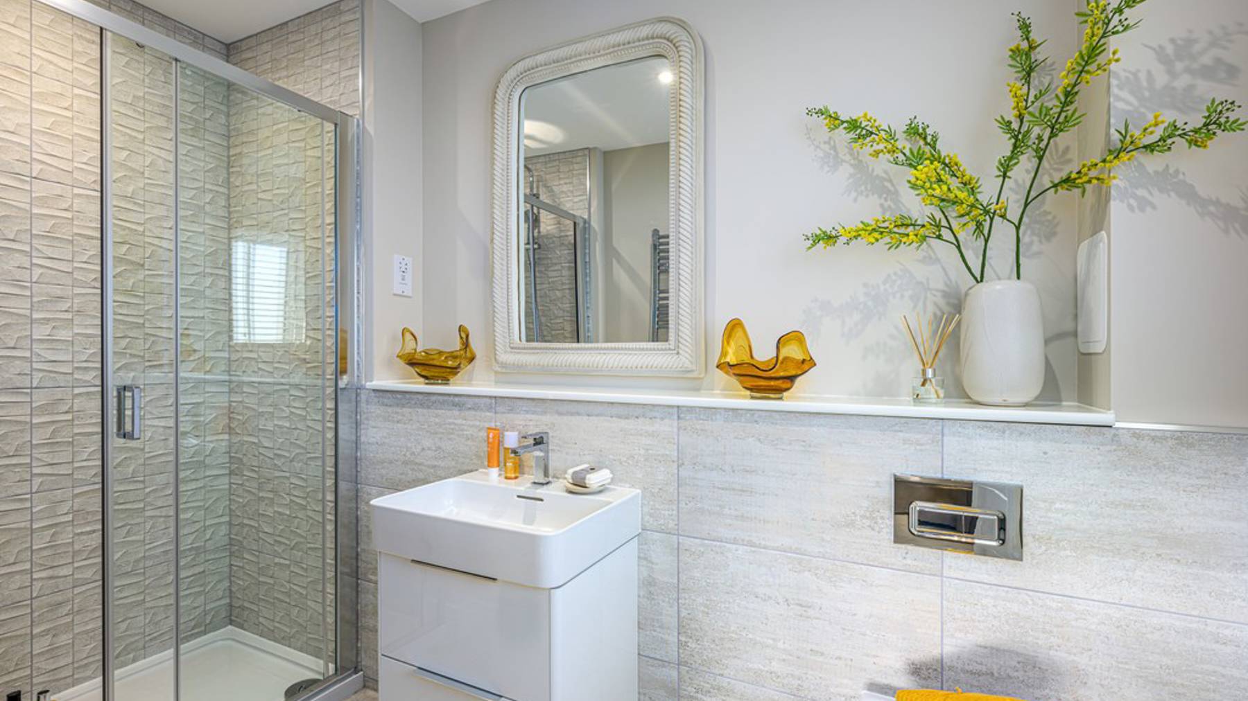 4 bedroom plus study showhome | modern en suite with walk-in shower and chrome fixtures