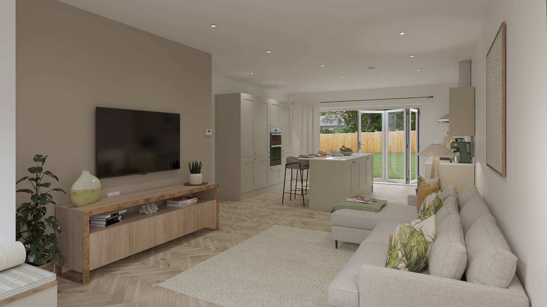 Computer generated image of the 5 bedroom Yew kitchen/family room at Cala's Purton development close to Swindon