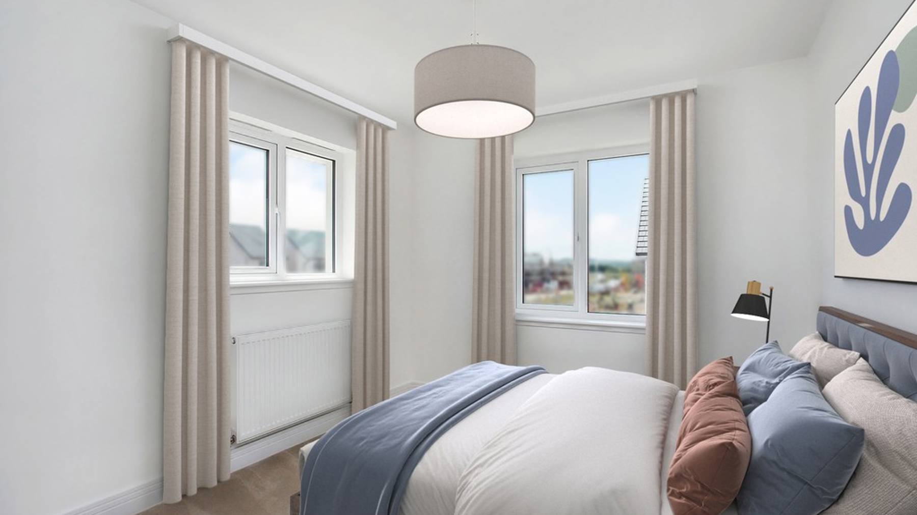 3 bedroom showhome | second bedroom with built-in storage and soft neutral tones