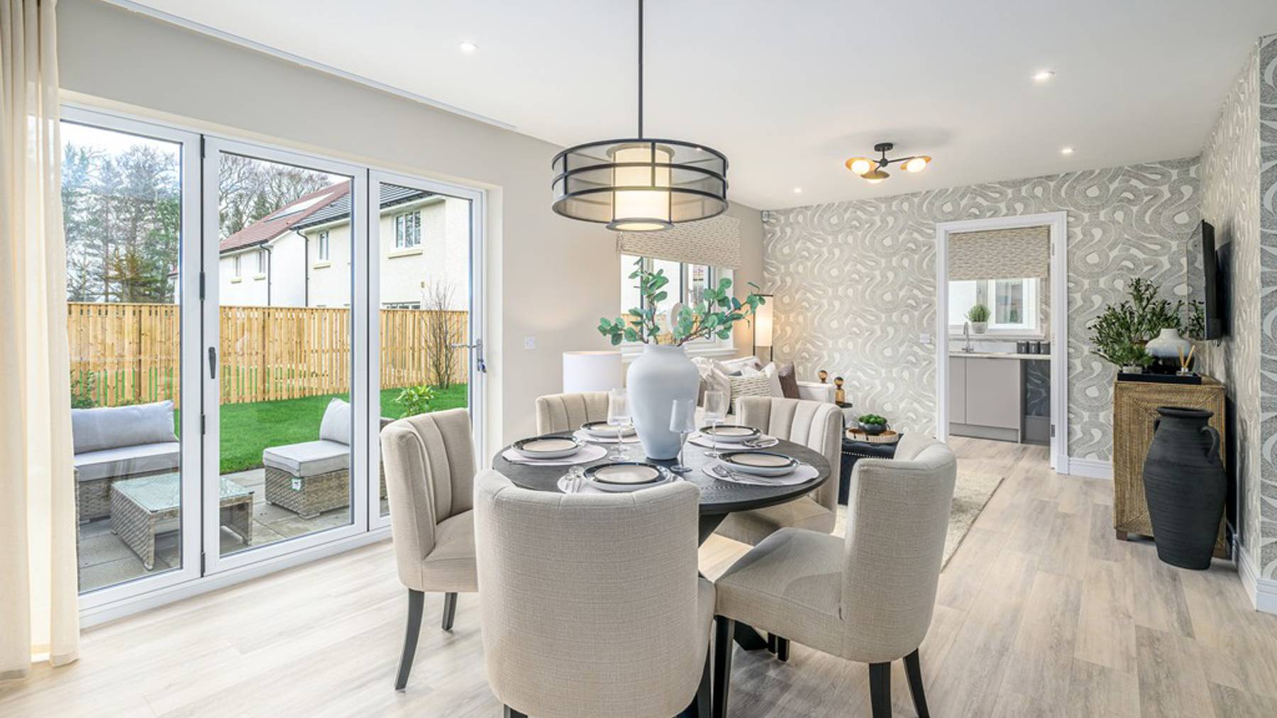 4 bedroom plus study showhome | open plan kitchen, dining and family area with bi-fold doors to rear garden